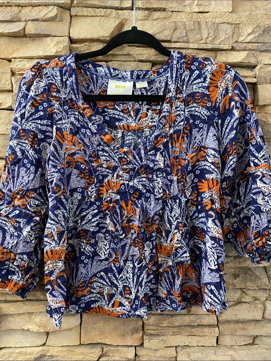 Maeve Tops - Maeve by Anthropologie Blue and Orange Tropical Print Blouse XS